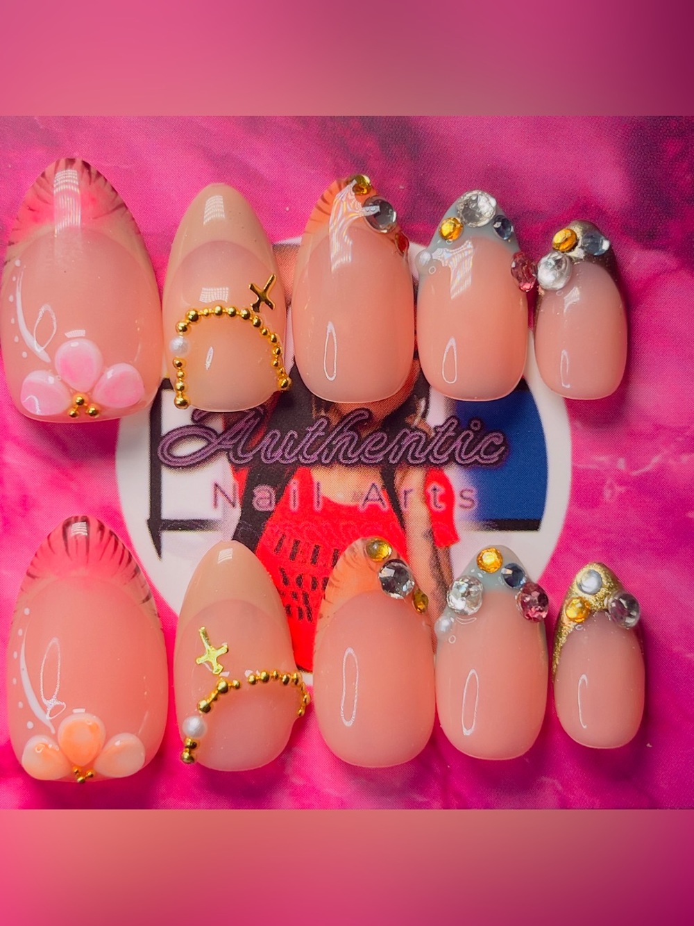 Authentic Peach Pink Rhinestone Press-On Nail Set